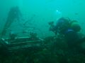 Divers inspecting a stereo BRUVS frame at Rheeder's Reef