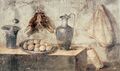 Still life with eggs, birds, and bronze dishes