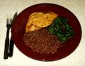 Bhutanese red rice with chicken and spinach