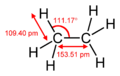 Ethane molecule in staggered conformation with dimensions