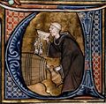 Monk tasting wine from a barrel