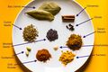 Indian spices with labels (garam masala components)